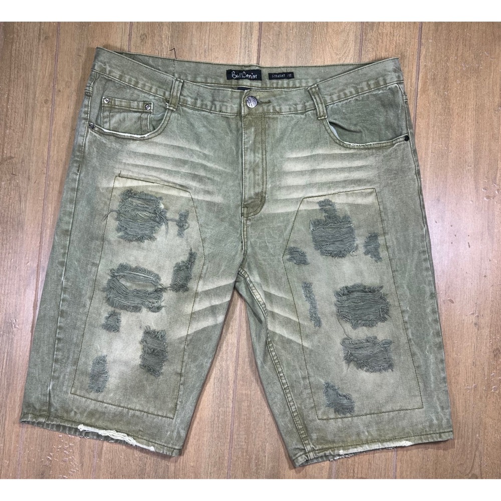 Bull Denim Mens Distressed Straight Fit Shorts Olive Green Size 42